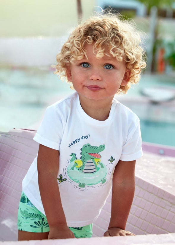 Mayoral Baby & Toddler Boys Aqua Happy Alligator Swim Trunks & T-Shirt Set | HONEYPIEKIDS