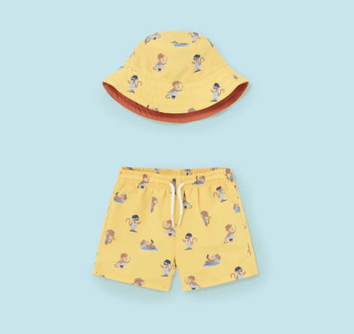 Mayoral Baby & Toddler Boys Yellow Adventure Monkey Swim Trunks and Hat | HONEYPIEKIDS