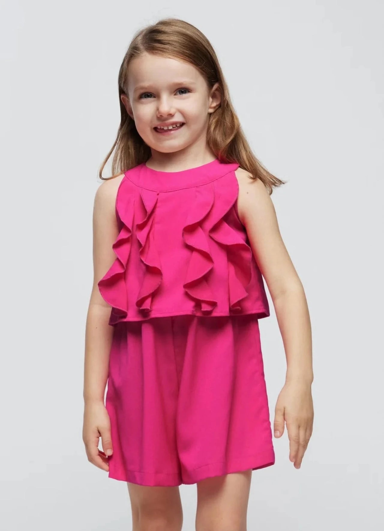 Mayoral Girls Hot Pink Ruffle Shorts Romper | HONEYPIEKIDS 