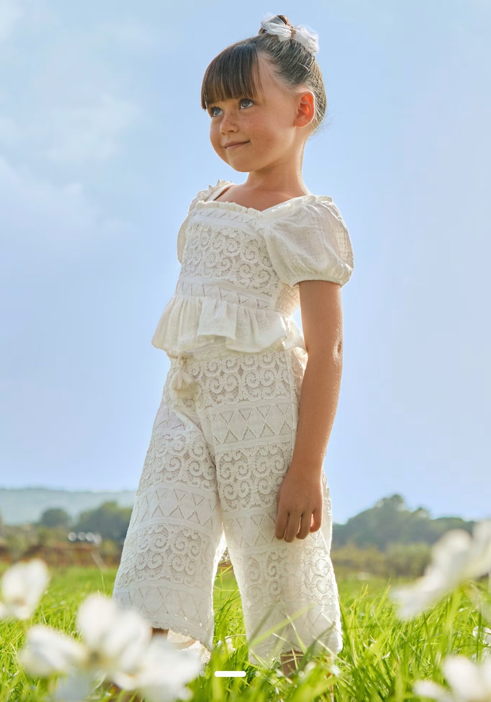 Mayoral Girls Off White Crochet and Lace Top and Capri Pant Set | HONEYPIEKIDS 