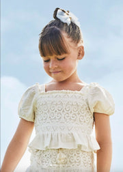 Mayoral Girls Off White Crochet and Lace Top and Capri Pant Set | HONEYPIEKIDS 
