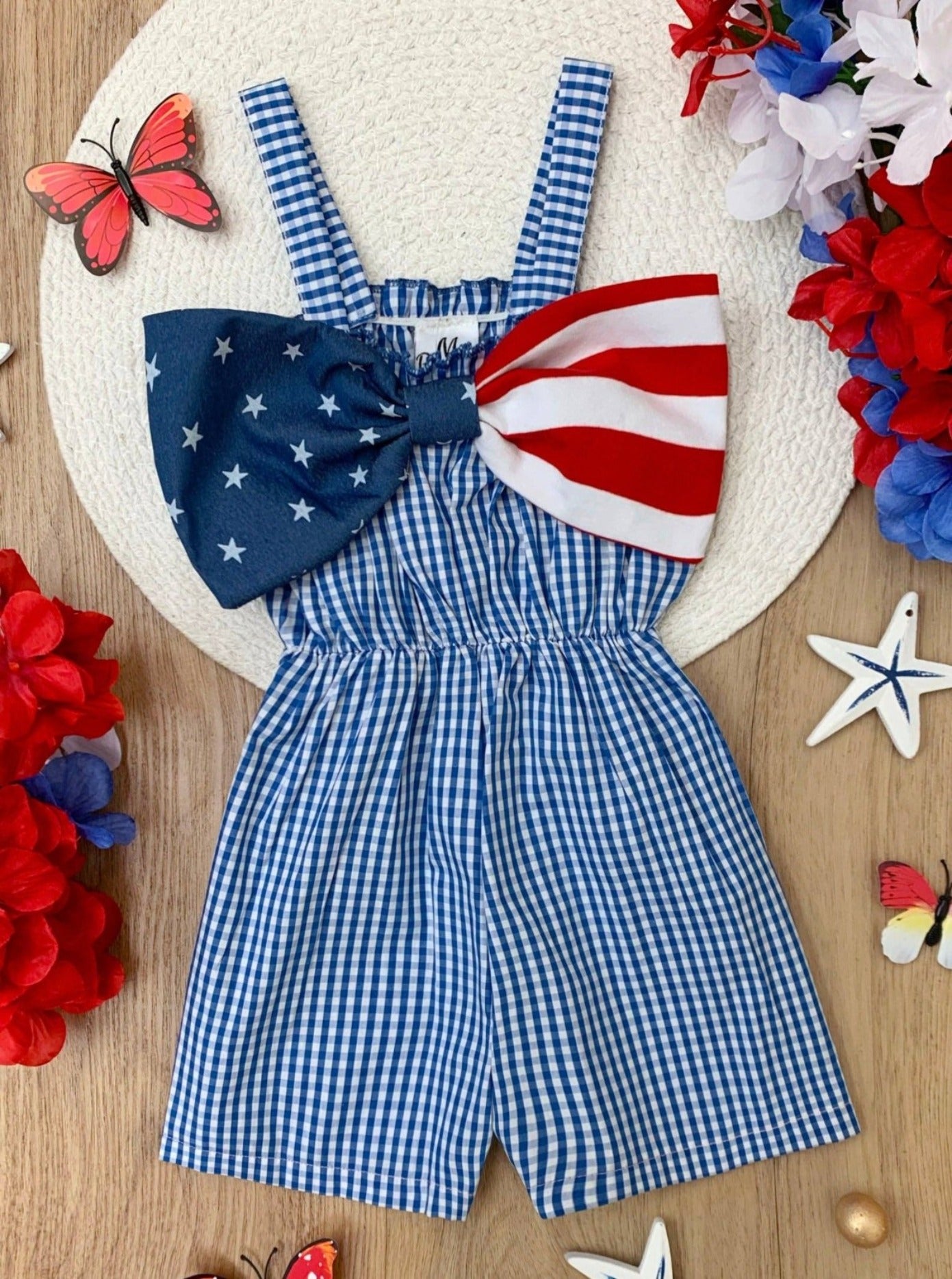 Little Girls Blue Belle Americana Bow Gingham Romper HONEYPIEKIDS