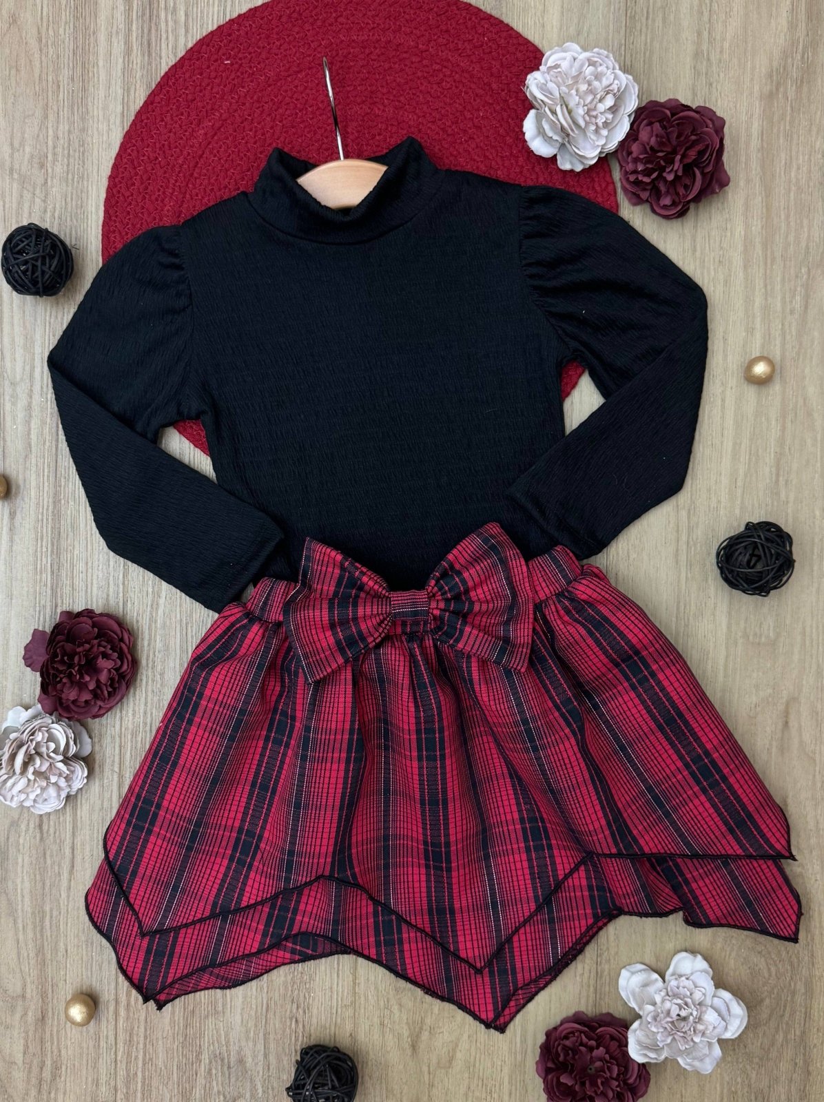 Girls Black Turtleneck Top and Red Plaid Handkerchief Skirt Set | HONEYPIEKIDS 