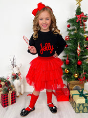 Jolly Embroidered Sweater and Glitter Tutu Skirt Set | HONEYPIEKIDS 