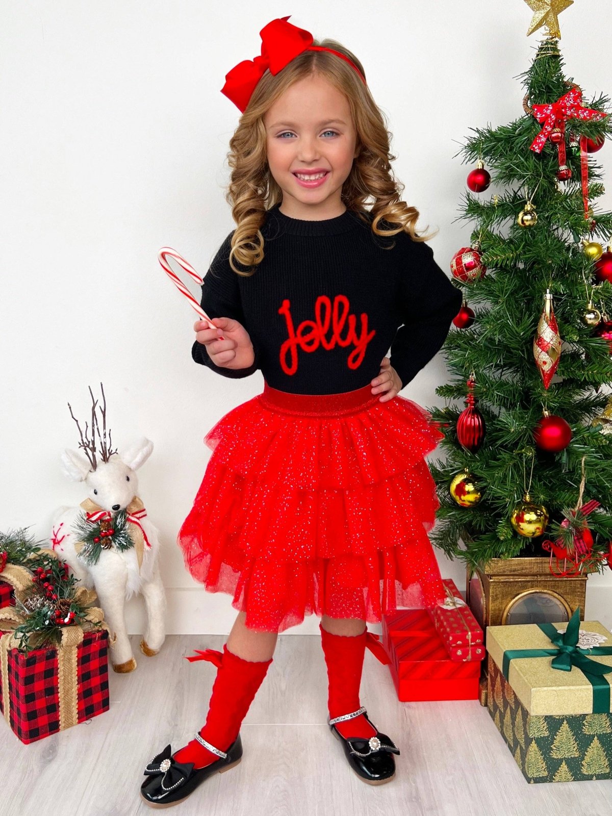 Jolly Embroidered Sweater and Glitter Tutu Skirt Set | HONEYPIEKIDS 