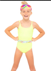 Neon Yellow Iridescent Sequin Belt One Piece Girls Swimsuit | HONEYPIEKIDS 