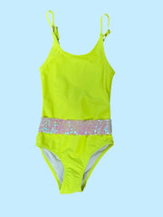 Neon Yellow Iridescent Sequin Belt One Piece Girls Swimsuit | HONEYPIEKIDS 