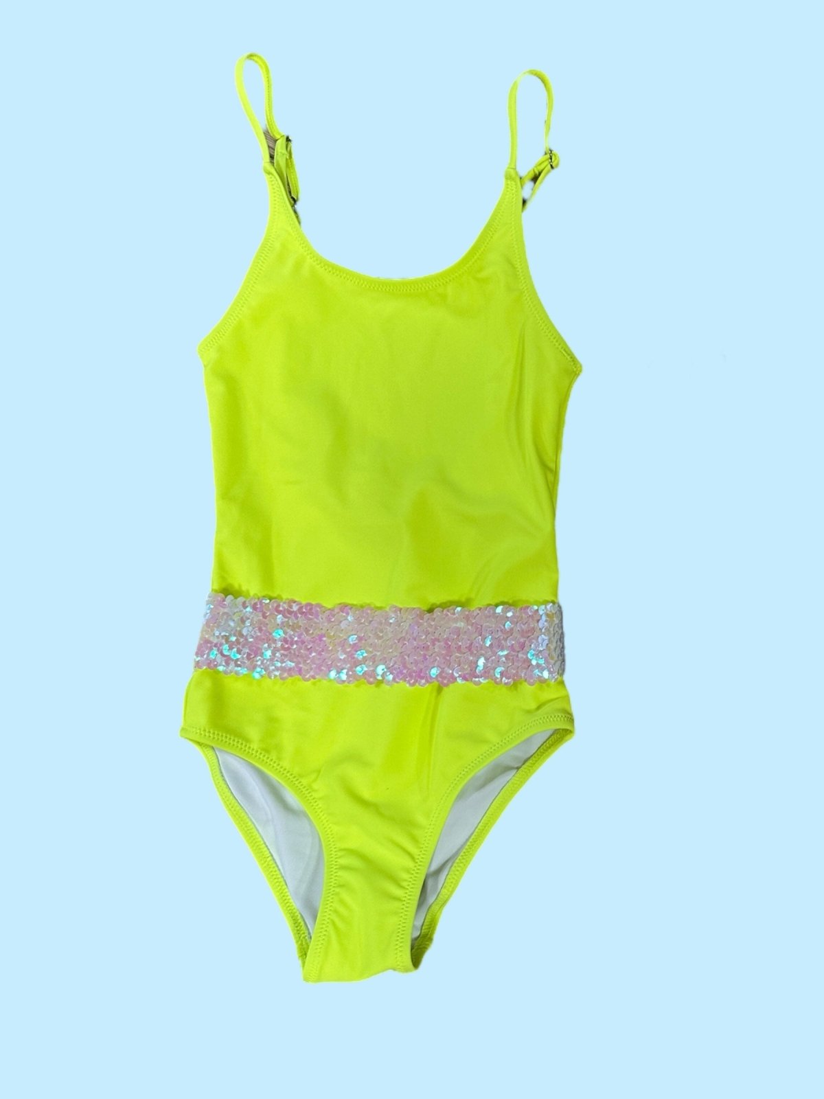 Neon Yellow Iridescent Sequin Belt One Piece Girls Swimsuit | HONEYPIEKIDS 