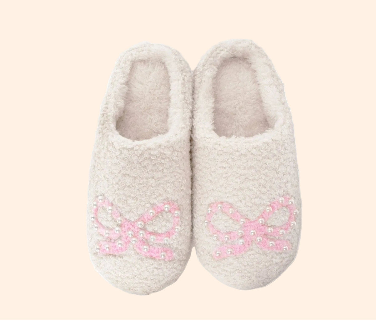 OMG Girls Cream Bow Plush Slippers with Pearls | HONEYPIEKIDS 