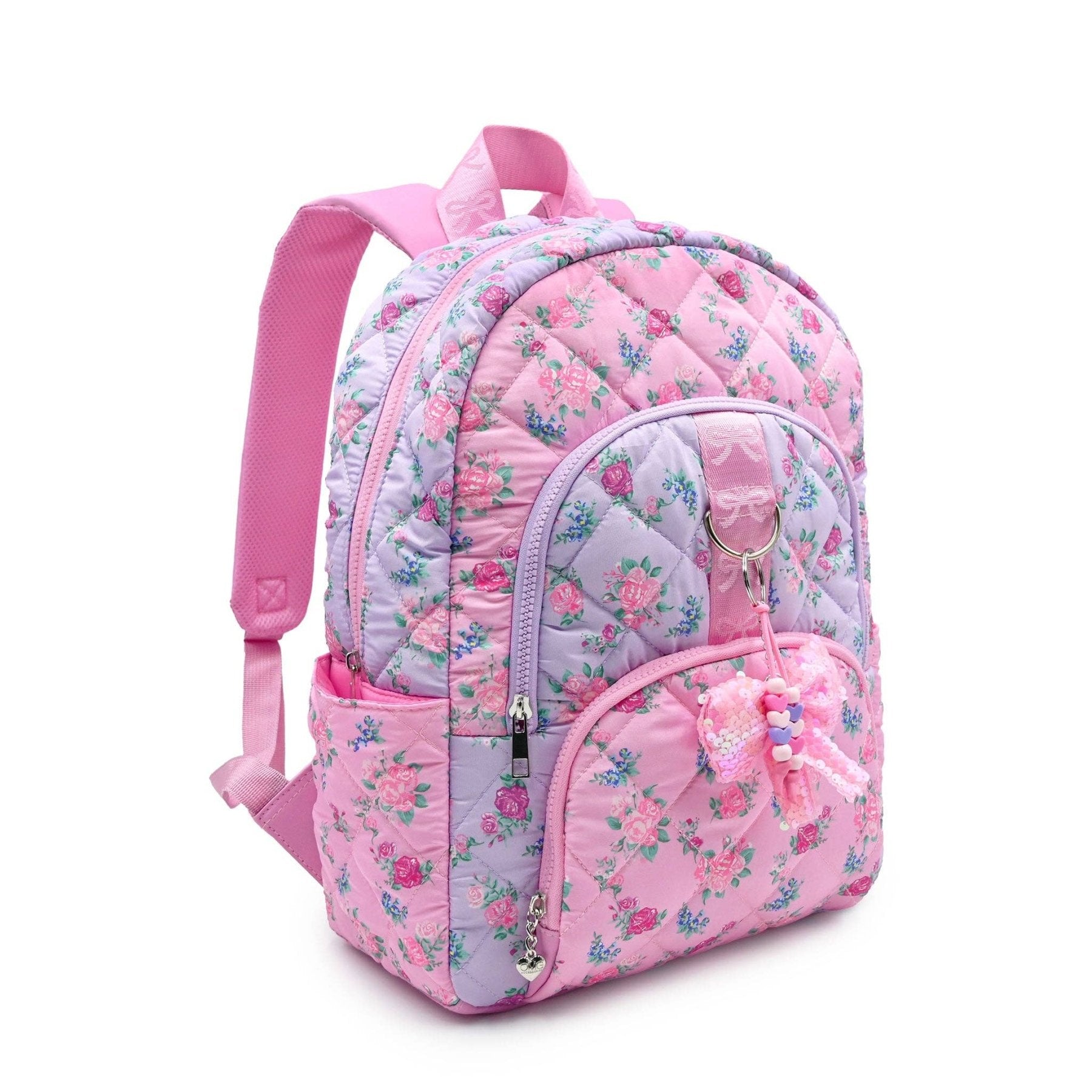 OMG Floral Quilted School Backpack With Bow Charm | HONEYPIEKIDS