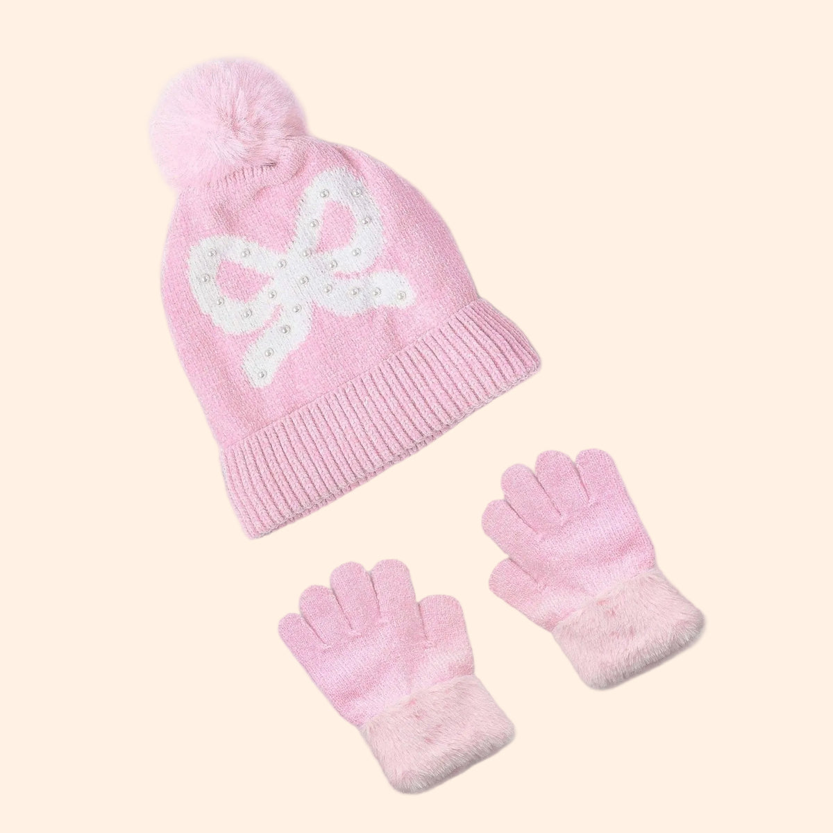 OMG Girls Pearl Bow Hat and Gloves Set