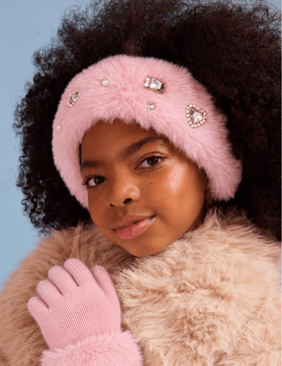 OMG Accessories - Rhinestone Headband and Gloves Plush Winter Glam Set | HONEYPIEKIDS 