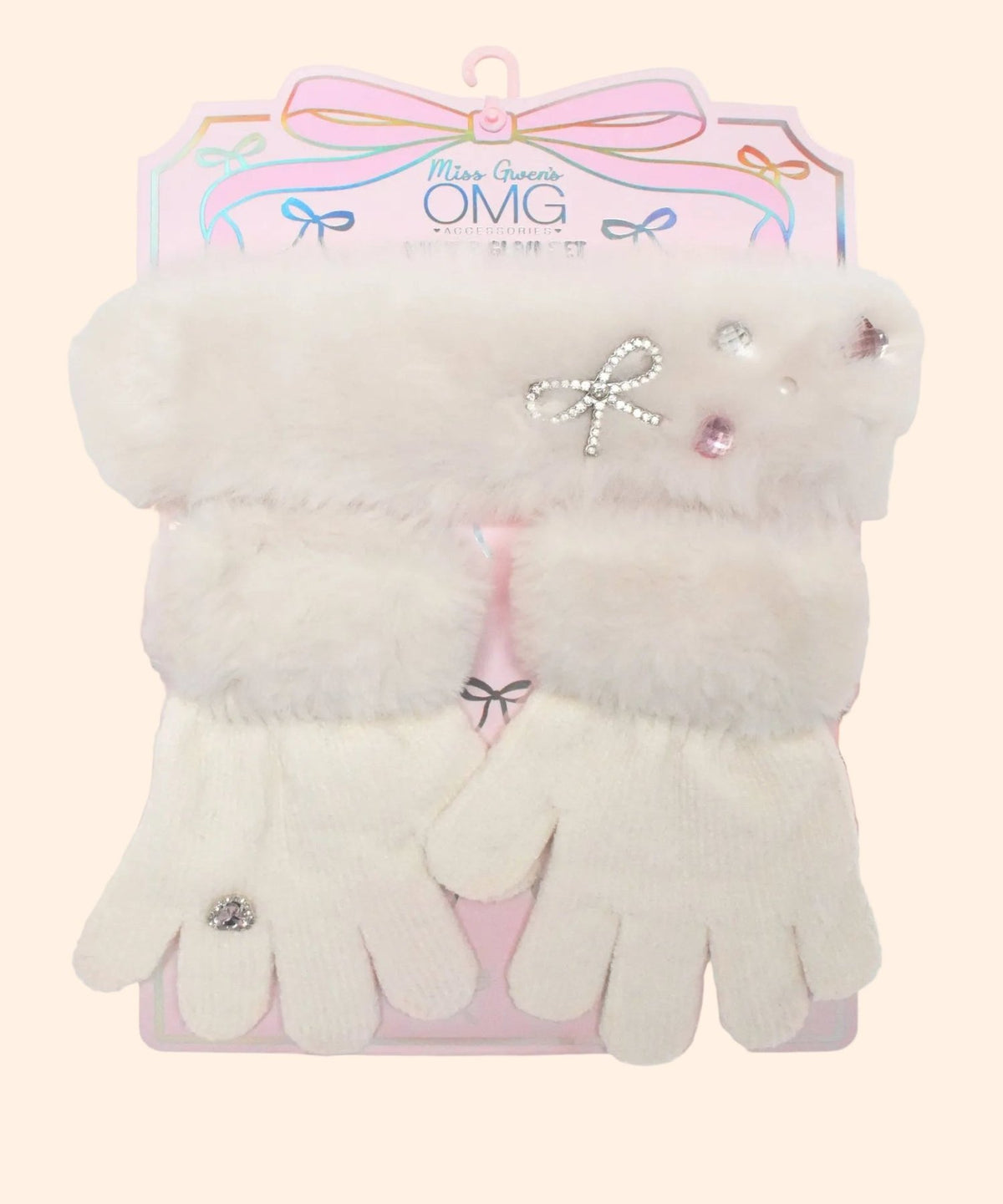 OMG Girls Rhinestone Bow Plush Headband and Mittens Set | HONEYPIEKIDS