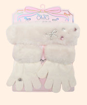 OMG Girls Rhinestone Bow Plush Headband and Mittens Set | HONEYPIEKIDS