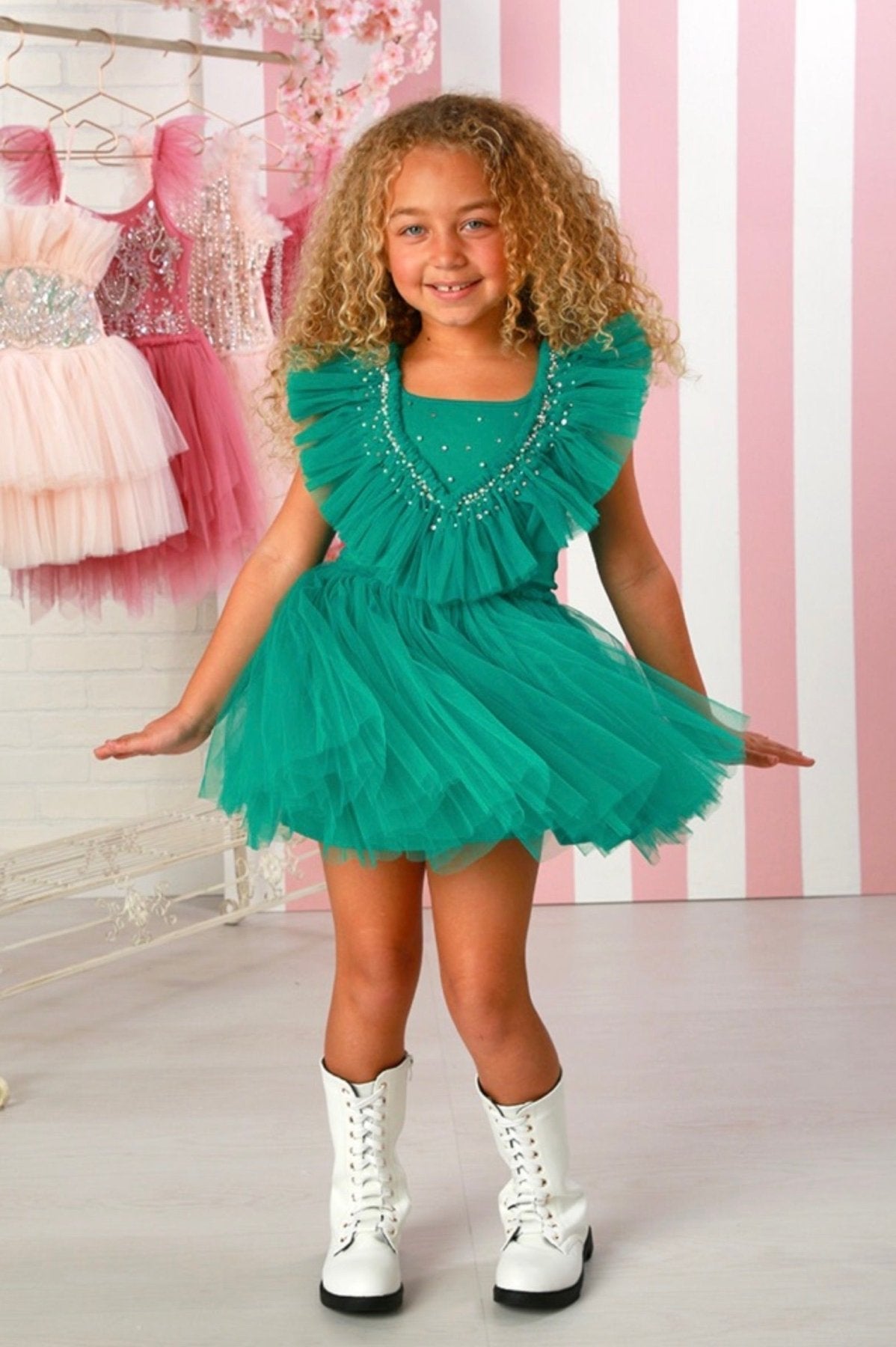 Ooh La La Couture Holiday Emerald Clementine Tulle Dress | HONEYPIEKIDS