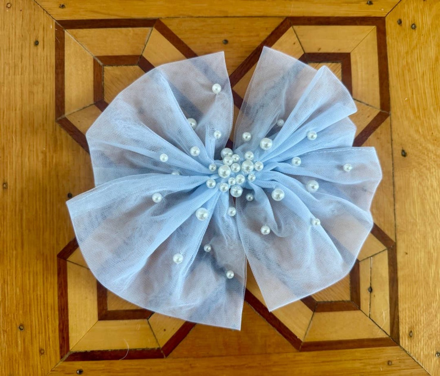 Ooh La La Couture Sky Blue Pearls Tulle Hair Clip | HONEYPIEKIDS