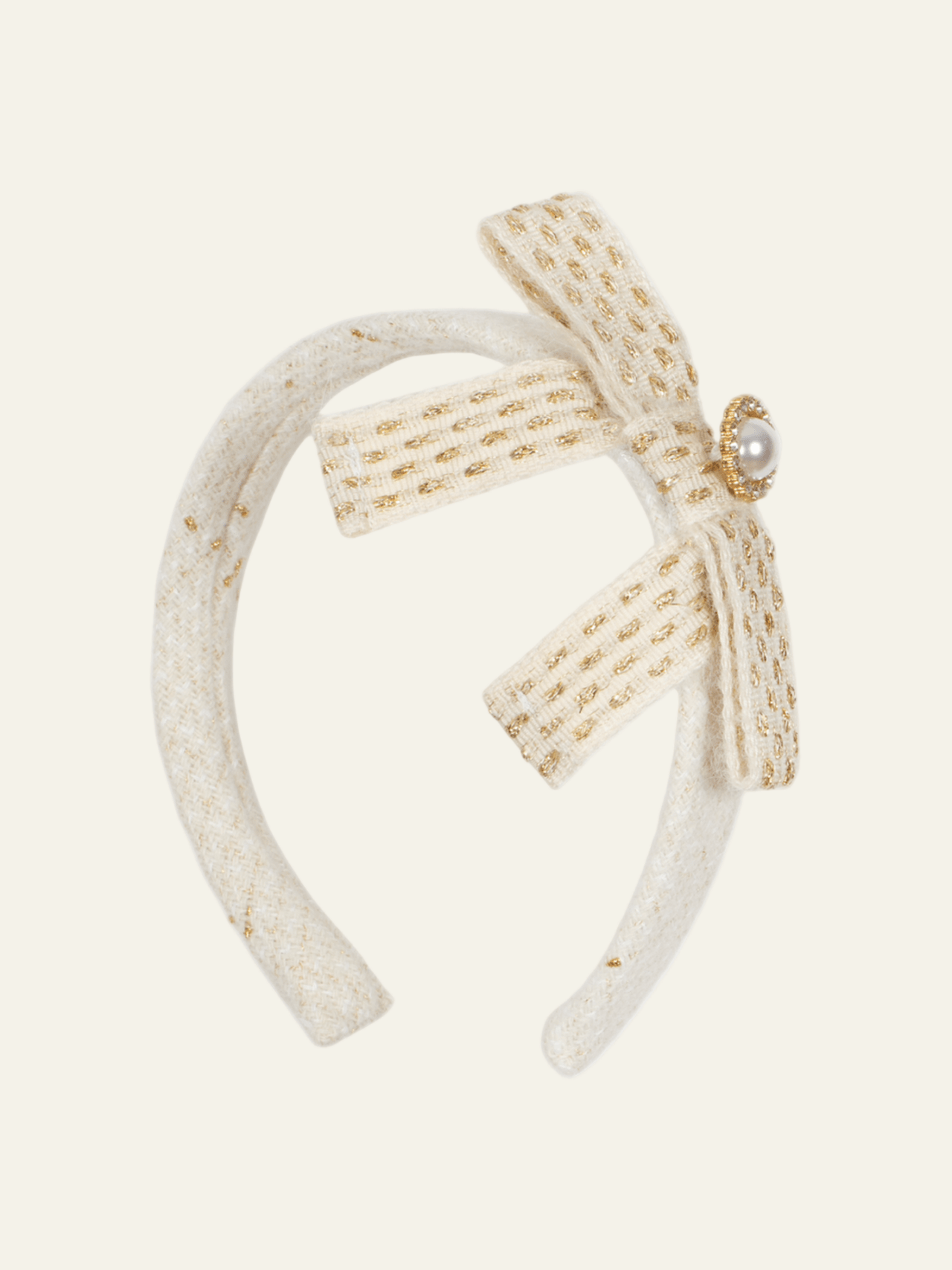 Patachou Ecru and Gold Tweed and Velvet Bow Headband | HONEYPIEKIDS 