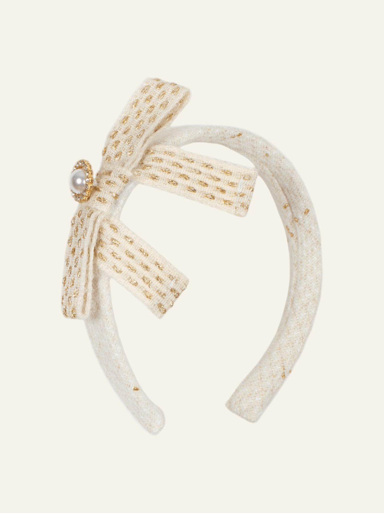 Patachou Ecru and Gold Tweed and Velvet Bow Headband | HONEYPIEKIDS 