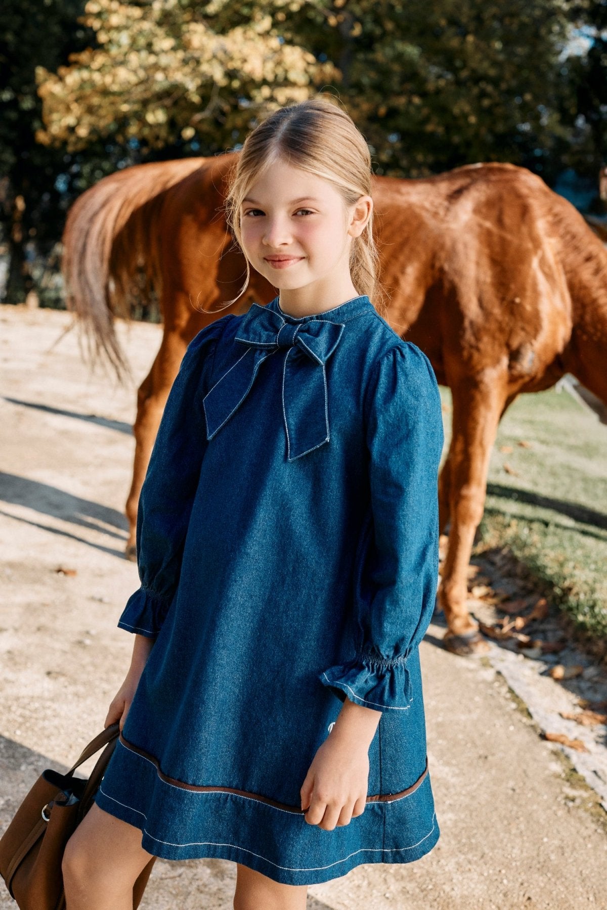 Patachou Girls Denim Dress With Bow | HONEYPIEKIDS