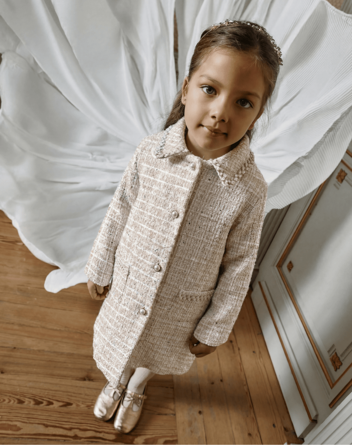 Patachou Girls Elegant Golden Sparkle Tweed Coat | HONEYPIEKIDS 