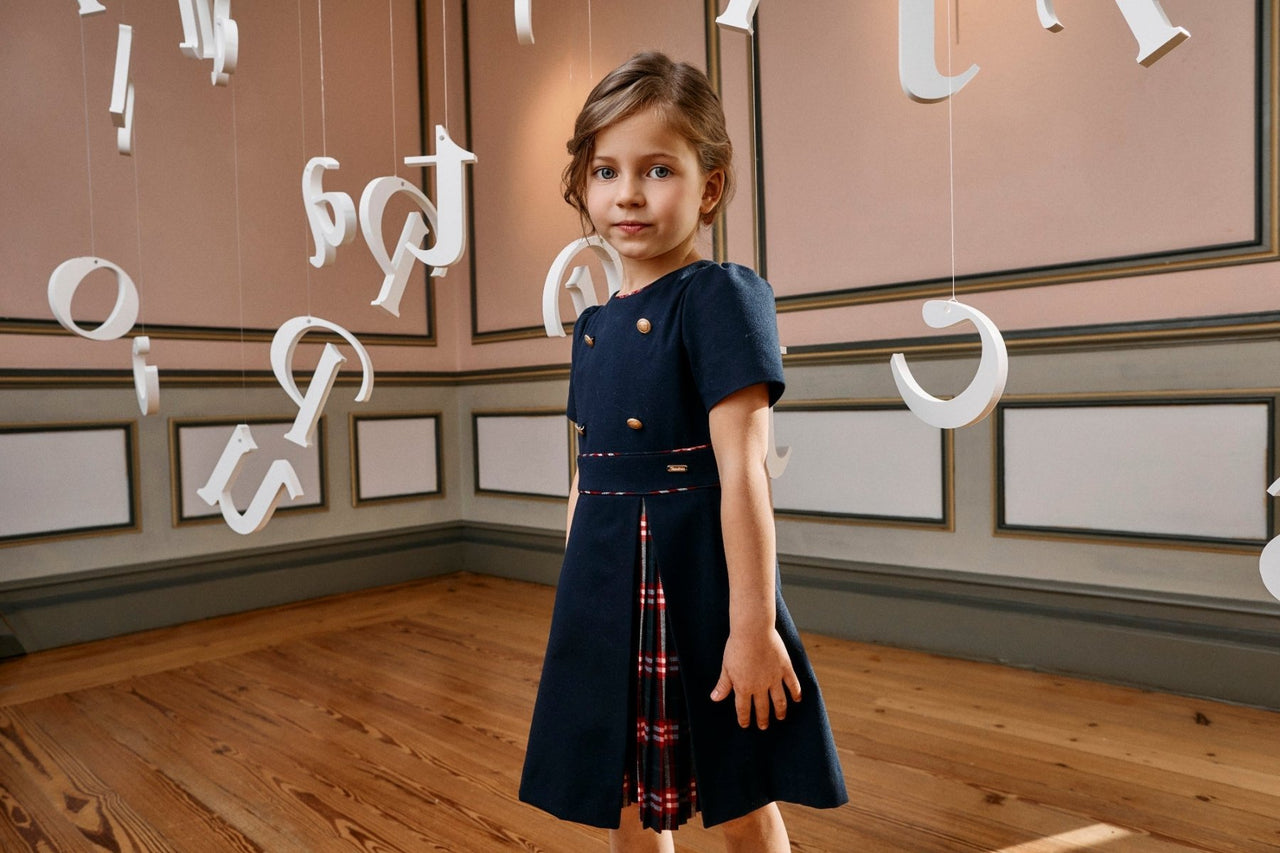 Patachou Girls Navy Blue Dress With Tartan Detail | HONEYPIEKIDS 