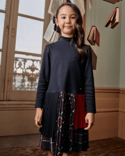 Patachou Girls Navy Patchwork Interlock Tartan Dress | HONEYPIEKIDS 