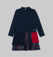 Patachou Girls Navy Patchwork Interlock Tartan Dress | HONEYPIEKIDS 