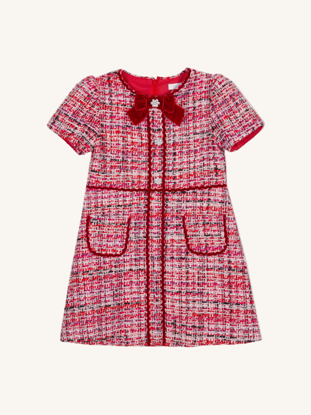 Patachou Girls Red Tweed Velvet Bow Dress | HONEYPIEKIDS 