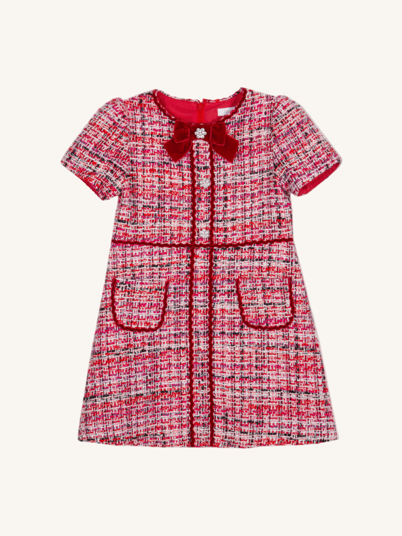 Patachou Girls Red Tweed Velvet Bow Dress | HONEYPIEKIDS 