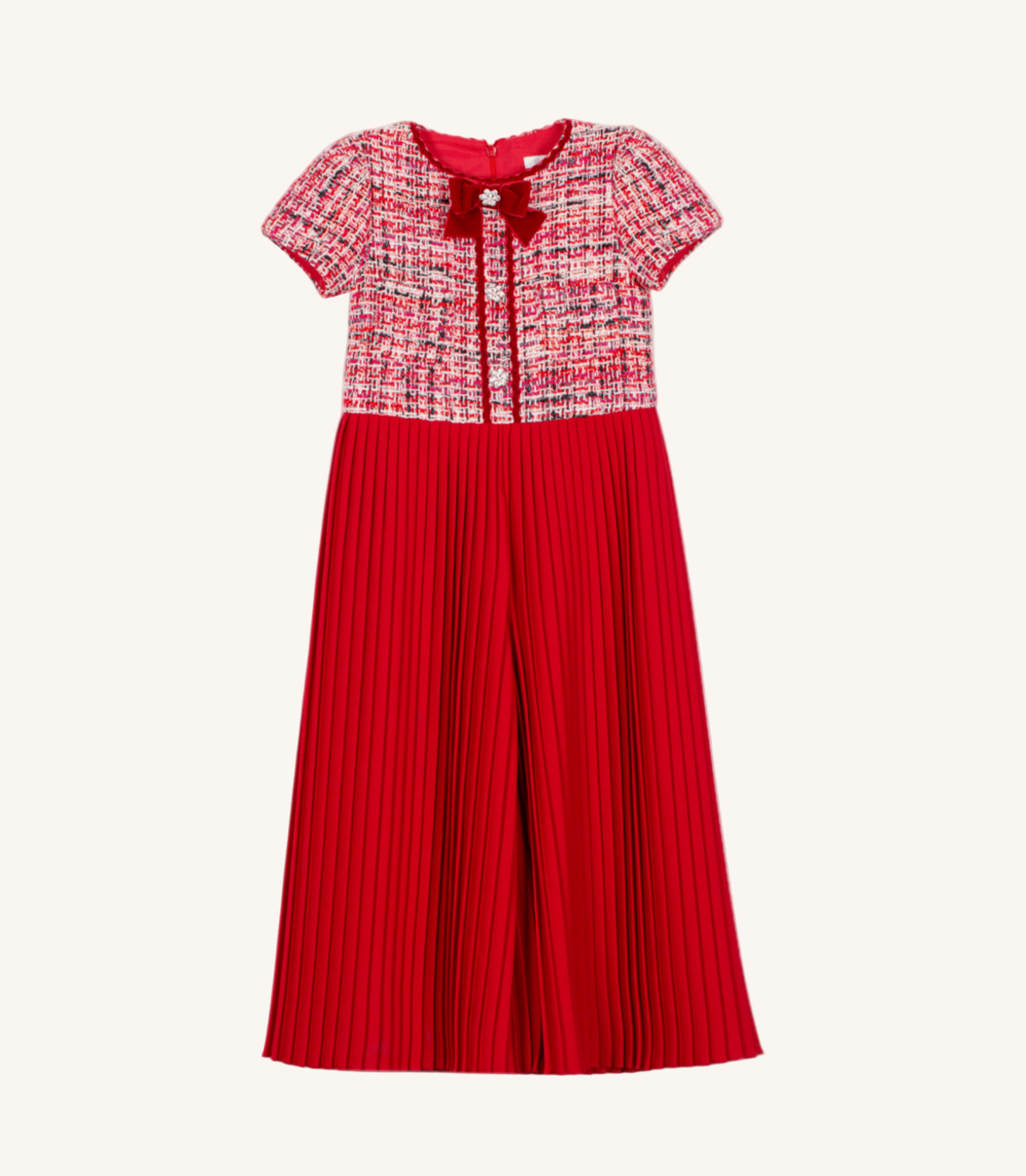 Patachou Girls Red Tweed Velvet Bow Jumpsuit | HONEYPIEKIDS 