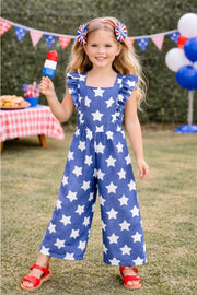 Patriotic Girls Blue Star Jumpsuit | HONEYPIEKIDS