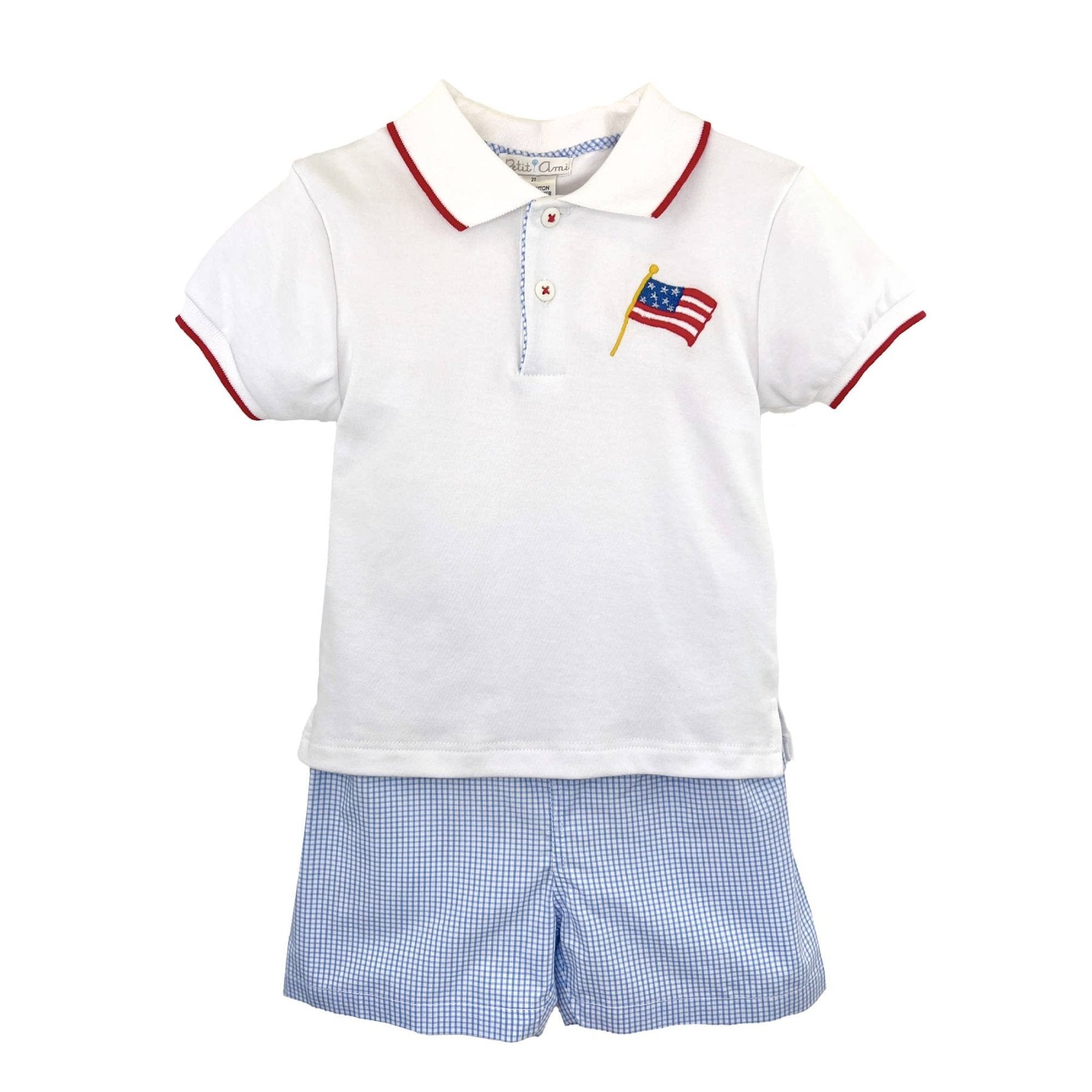 Petit Ami Boys Embroidered American Flag Shirt and Shorts Set | HONEYPIEKIDS
