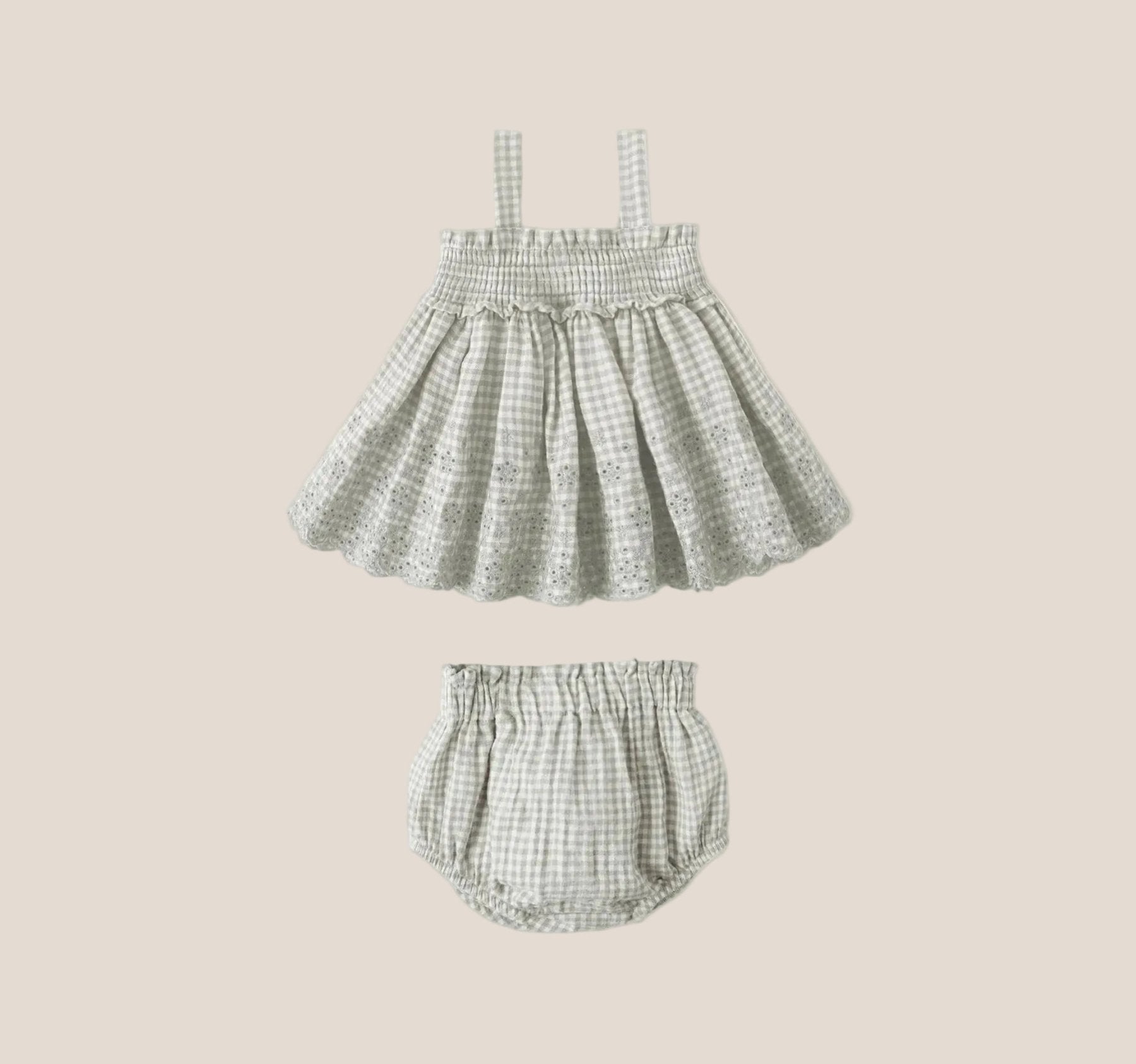 Quincy Mae Mae Smocked Top + Bloomer Set - Sage Gingham | HONEYPIEKIDS