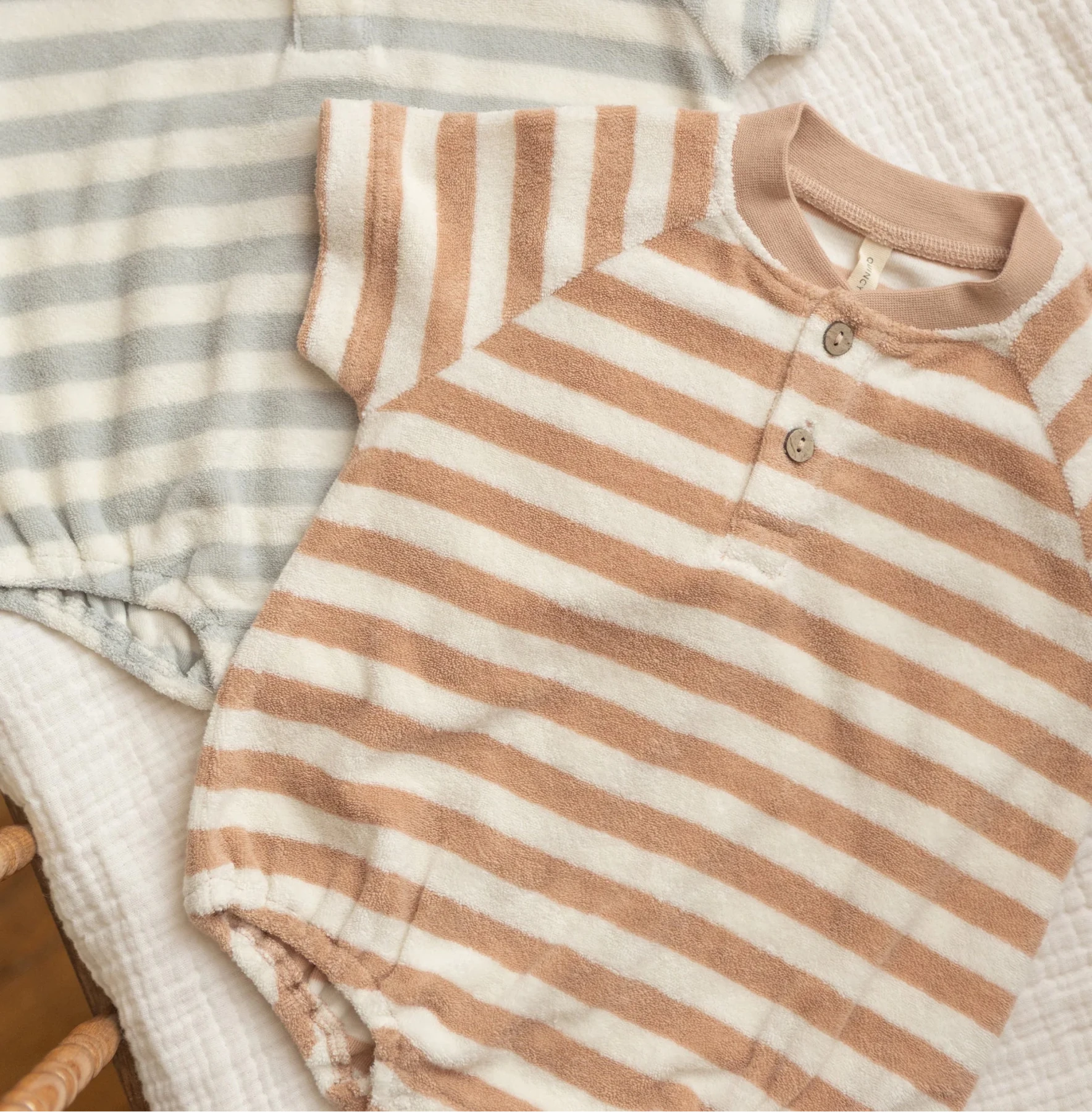 Quincy Mae Boys Terry Henley Romper - Latte Stripe | HONEYPIEKIDS