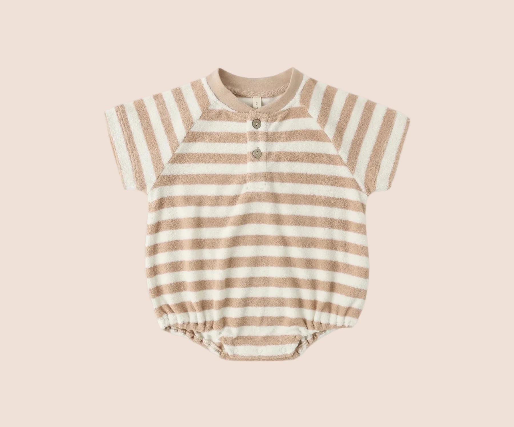 Quincy Mae Baby Boys Terry Henley Romper - Latte Stripe | HONEYPIEKIDS