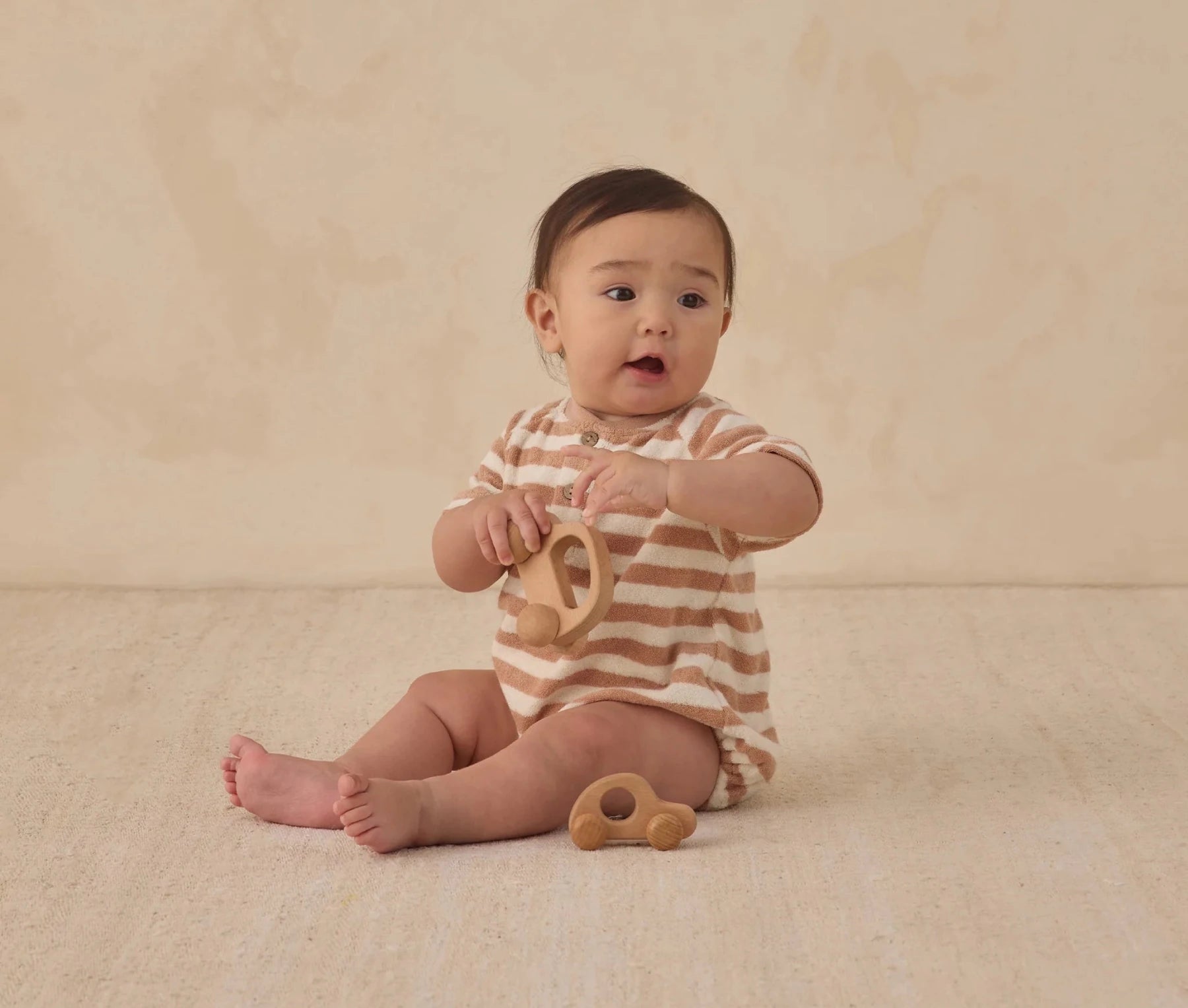 Quincy Mae Baby Boys Terry Henley Romper - Latte Stripe | HONEYPIEKIDS