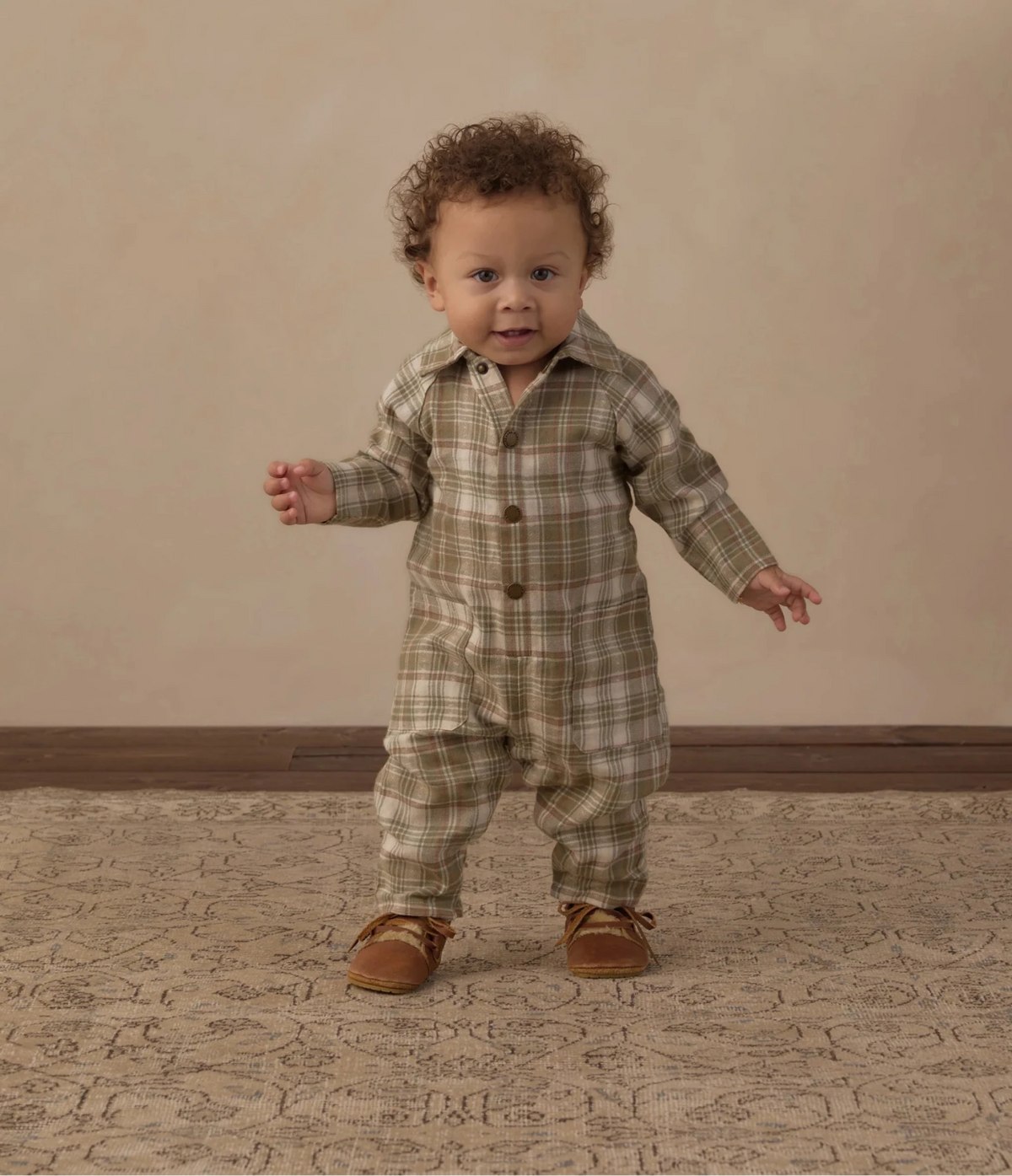 Rylee + Cru Collared Baby Jumpsuit - Olive Dobby Plaid | HONEYPIEKIDS