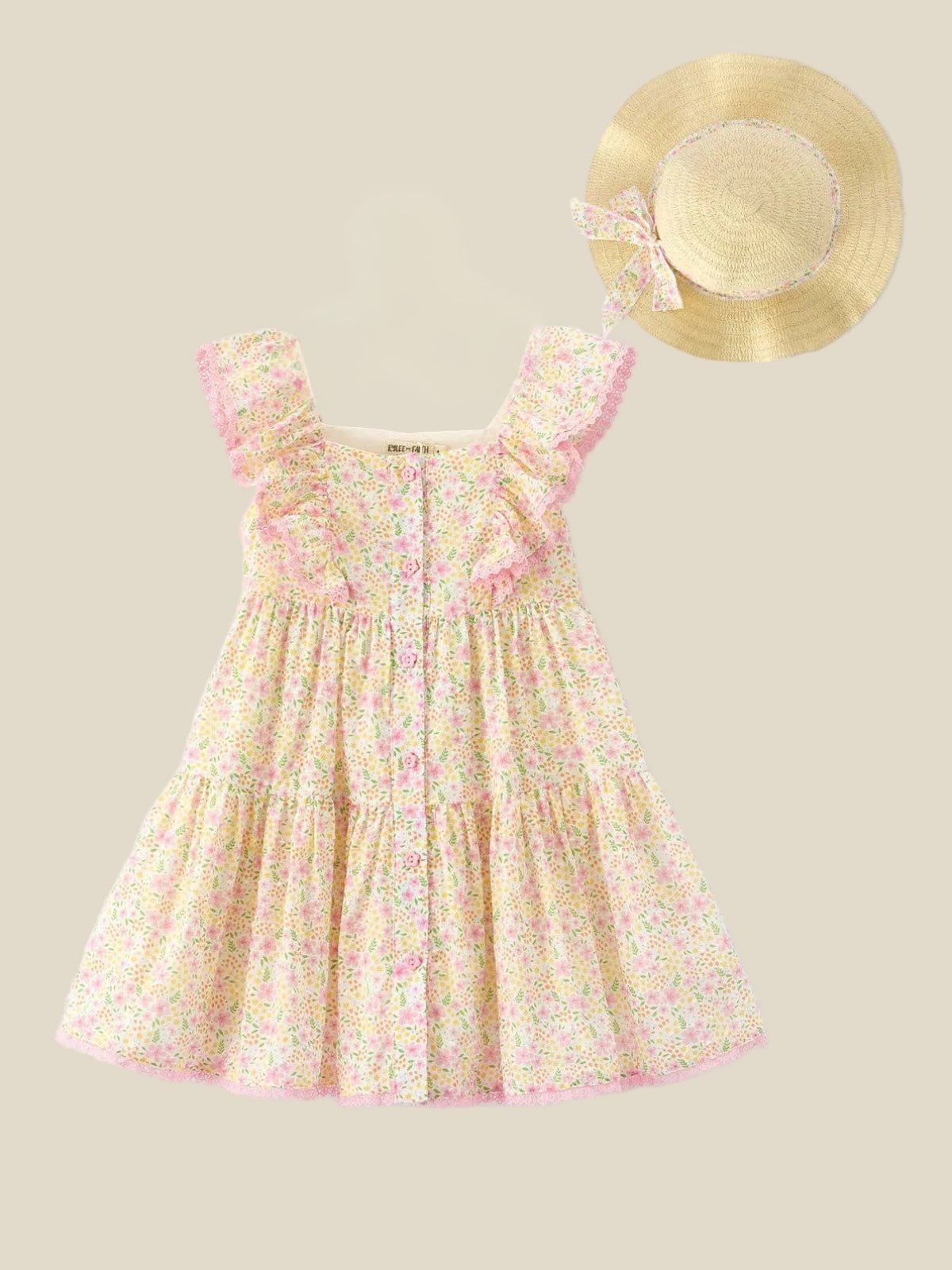 The Garden Party Girls Ruffle Dress and Straw Bow Hat Set | HONEYPIEKIDS.COM