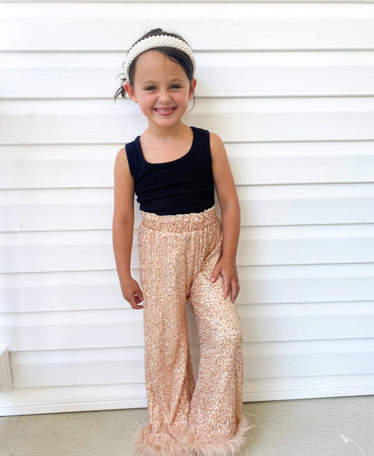 Three Wildflower Designs - Champagne Sequins Feather Pants | HONEYPIEKIDS 