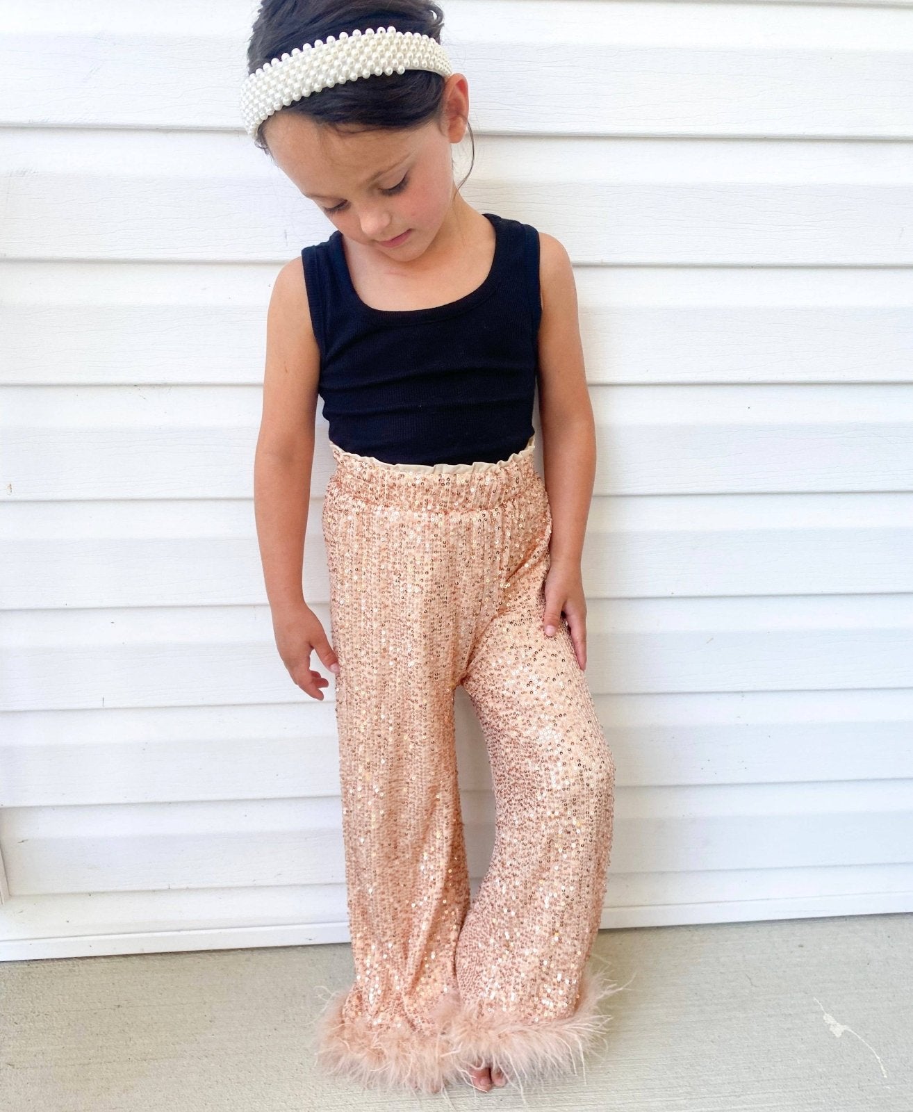 Three Wildflower Designs - Champagne Sequins Feather Pants | HONEYPIEKIDS 