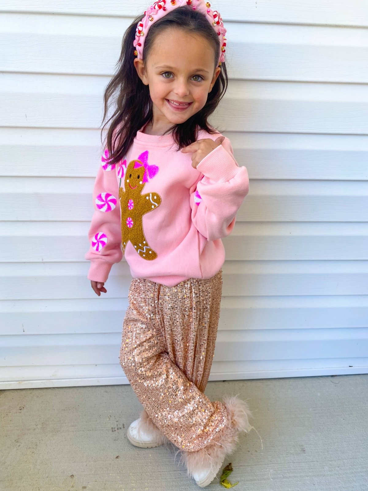 Girls Pink Gingerbread Patched Holiday Crewneck | HONEYPIEKIDS 
