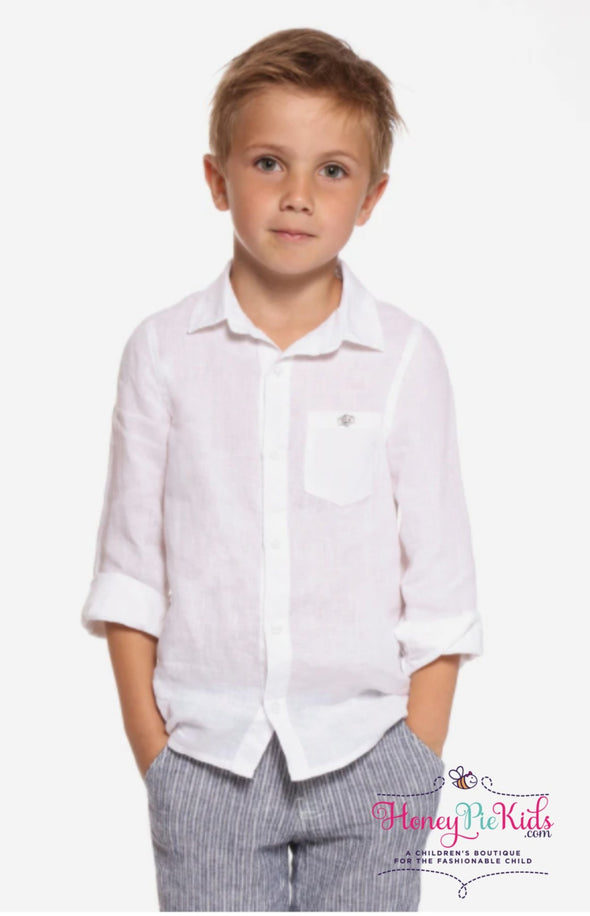 3pommes Boys White Button Down Linen Shirt | HONEYPIEKIDS | Kids Boutique Clothing