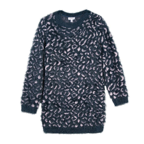 3Pommes Girls Navy and Pink Animal Print Fuzzy Sweater Dress | HONEYPIEKIDS | Kids Boutique Clothing
