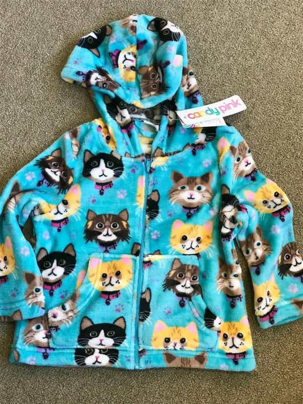 Candy Pink Fleece Zip Up Jacket In Kitten Pattern | HONEYPIEKIDS | Kids Boutique Clothing