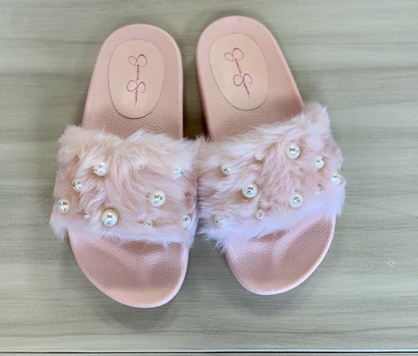 Jessica Simpson Pink Faux Fur Pink & Pearl Slides | HONEYPIEKIDS | Kids Boutique Clothing