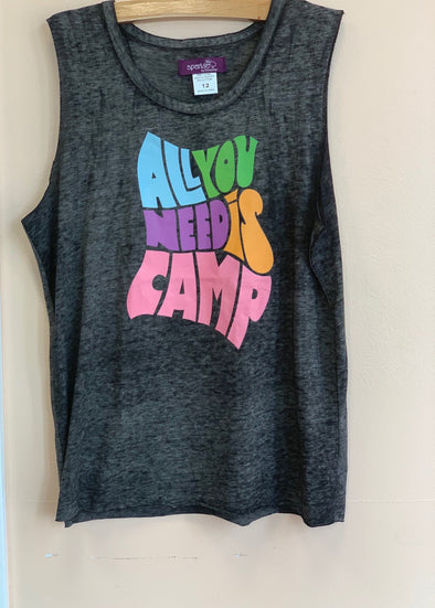 Girls ALL YOU NEED IS CAMP Sleeveless T-shirt | HONEYPIEKIDS | Kids Summer Camp Shirts