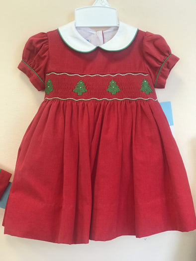 Anavini Girls Red Christmas Tree Corduroy Hand Smocked Dress | HONEYPIEKIDS | Kids Boutique