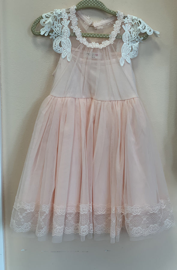 MaeLi Rose Peach Cap Sleeve Crochet Lace Dress | HONEYPIEKIDS | Kids Boutique Clothing