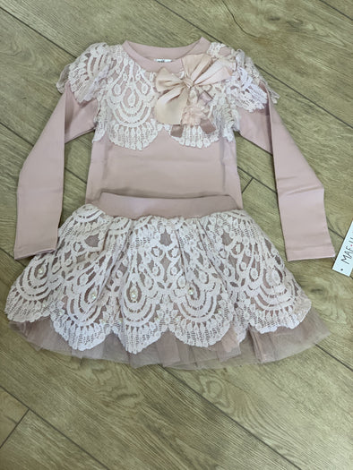 MaeLi Rose Scallop Lace & Pearl Top & Skirt Set in Dusty Rose | HONEYPIEKIDS | Kids Boutique Clothing