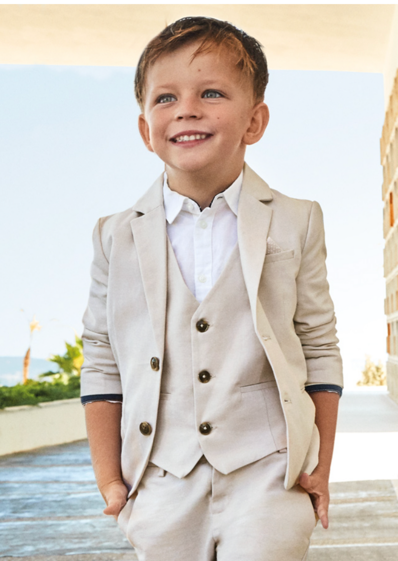Mayoral Boys Tapioca Tailored Linen Button Up Vest | HONEYPIEKIDS 